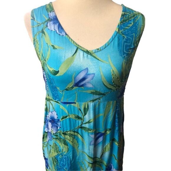Mango Bay turquoise with tropical hibiscus sleeveless sundress Size S - Picture 3 of 12